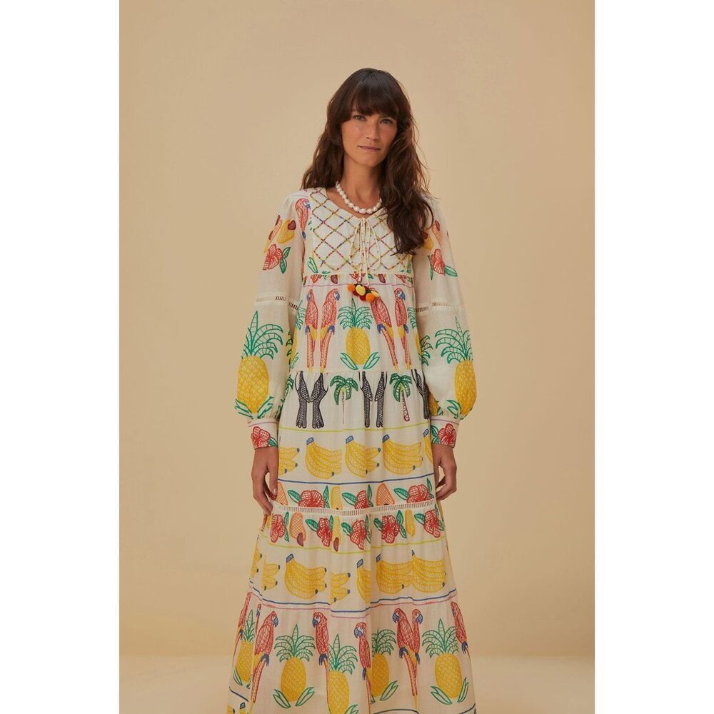 Farm Rio Off-White Tropicolors Yoke Embroidered Midi Dress Small NEW - Picture 2 of 7